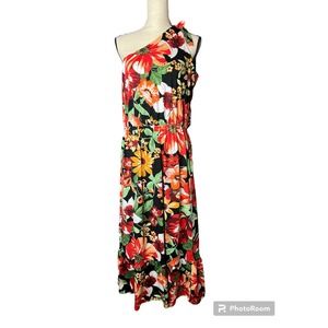 Tacera Midi Dress Size L in Orange Green Multicolored Floral Print One Shoulder